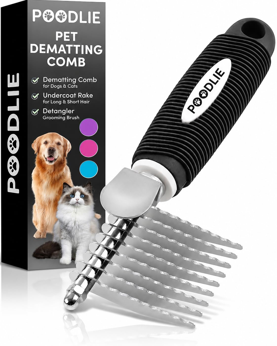 Poodle Grooming Comb - Metal Dematting Comb with Long & Short Stainless Steel Teeth for Removing Matted Hair & Knots, Safe and Gentle for Dogs & Cats (Green)