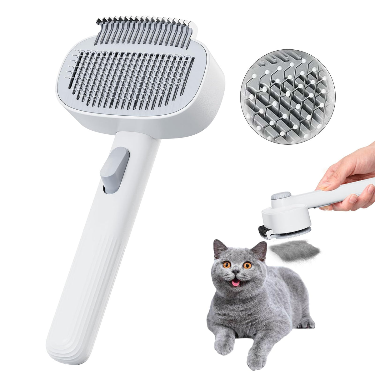 Pet Grooming Combo with Release Button - 2-in-1 Pet Detangling Brush and Cat Dematting Comb with Long & Short Stainless Steel Metal Teeth Easy to Remove Loose Undercoat,Matted Fur & Tangles