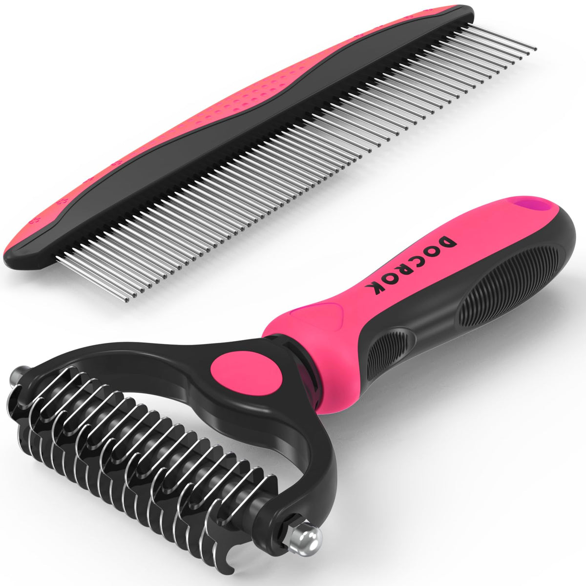 Docrok Pet Grooming Brush and Metal Comb Combo - Undercoat Rake for Dematting and Deshedding Long Matted Haired Dogs and Cats, Purple