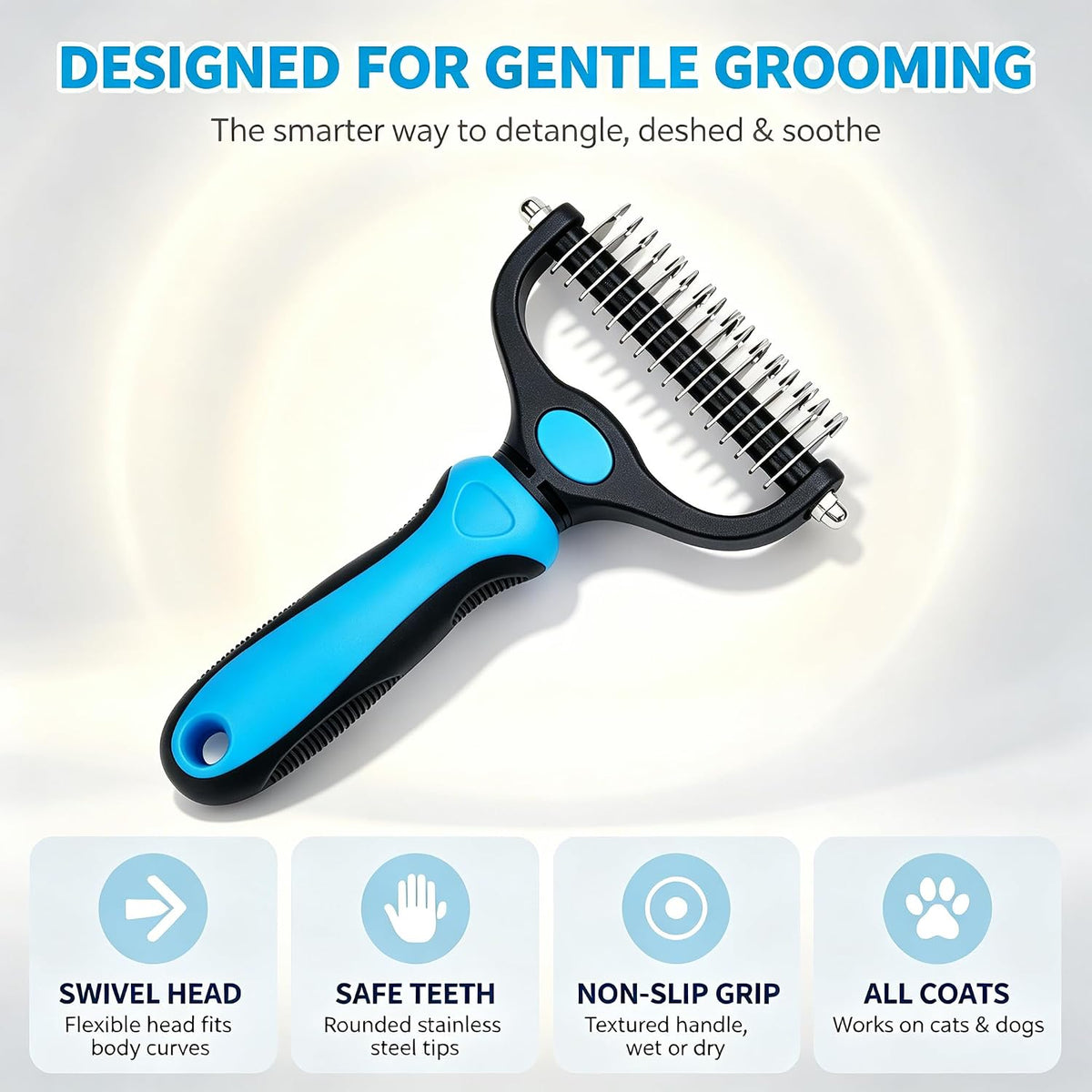 2 in 1 Double Sided Dematting Comb for Cats & Dogs, Deshedding Dog Brush, Pet Shedding Remover Rounded-Tooth Tool For Painlessly Removing Knots And Loose Hair (Blue 2)