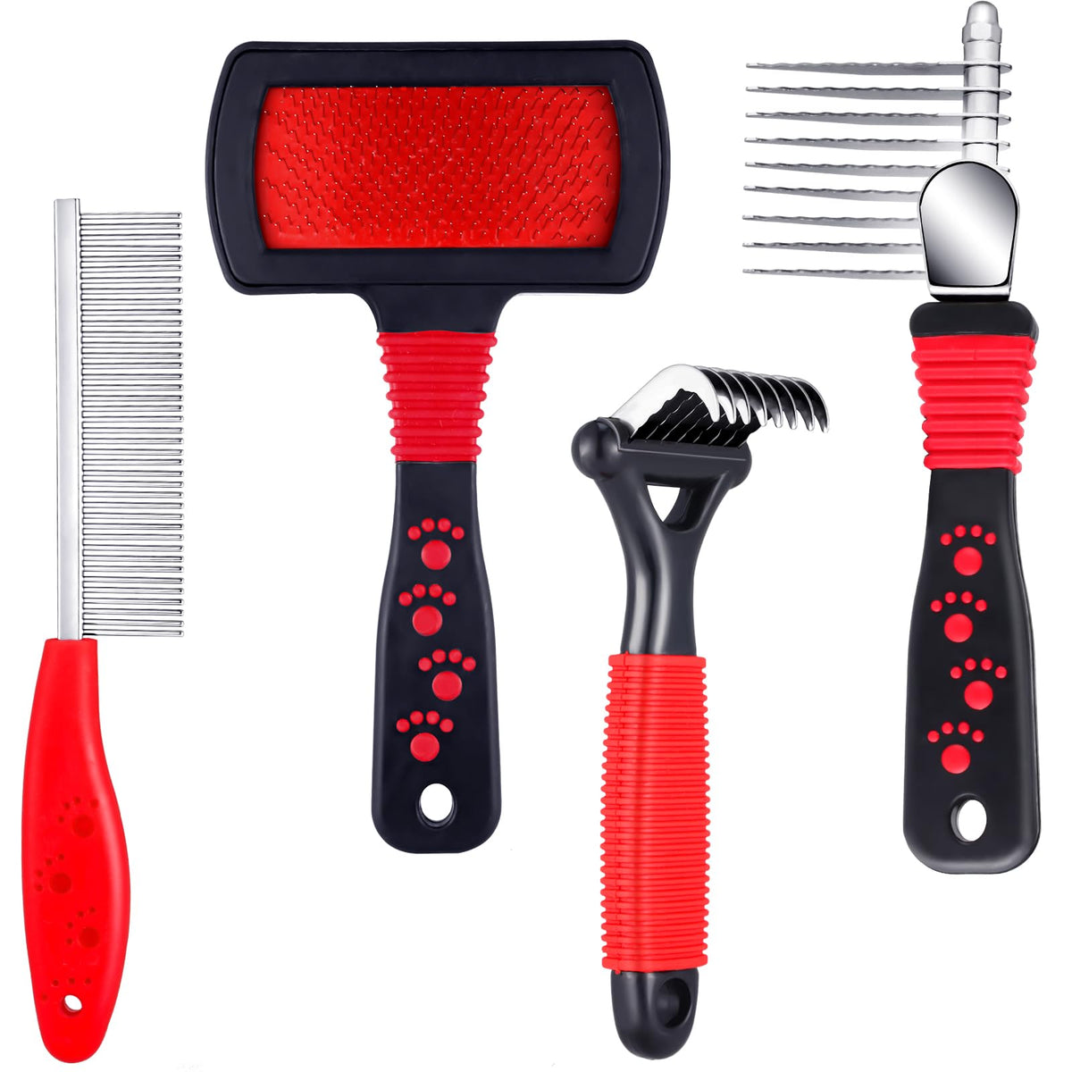 Patelai 4 Pcs Dog Dematting Comb, Red and Black Classic Grooming Set