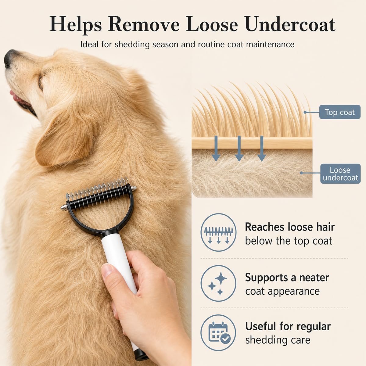 Pet Pro Dematting Comb for Dogs & Cats, Undercoat Rake Deshedding Brush for Long Hair Pets, Removes Loose Fur and Tangles
