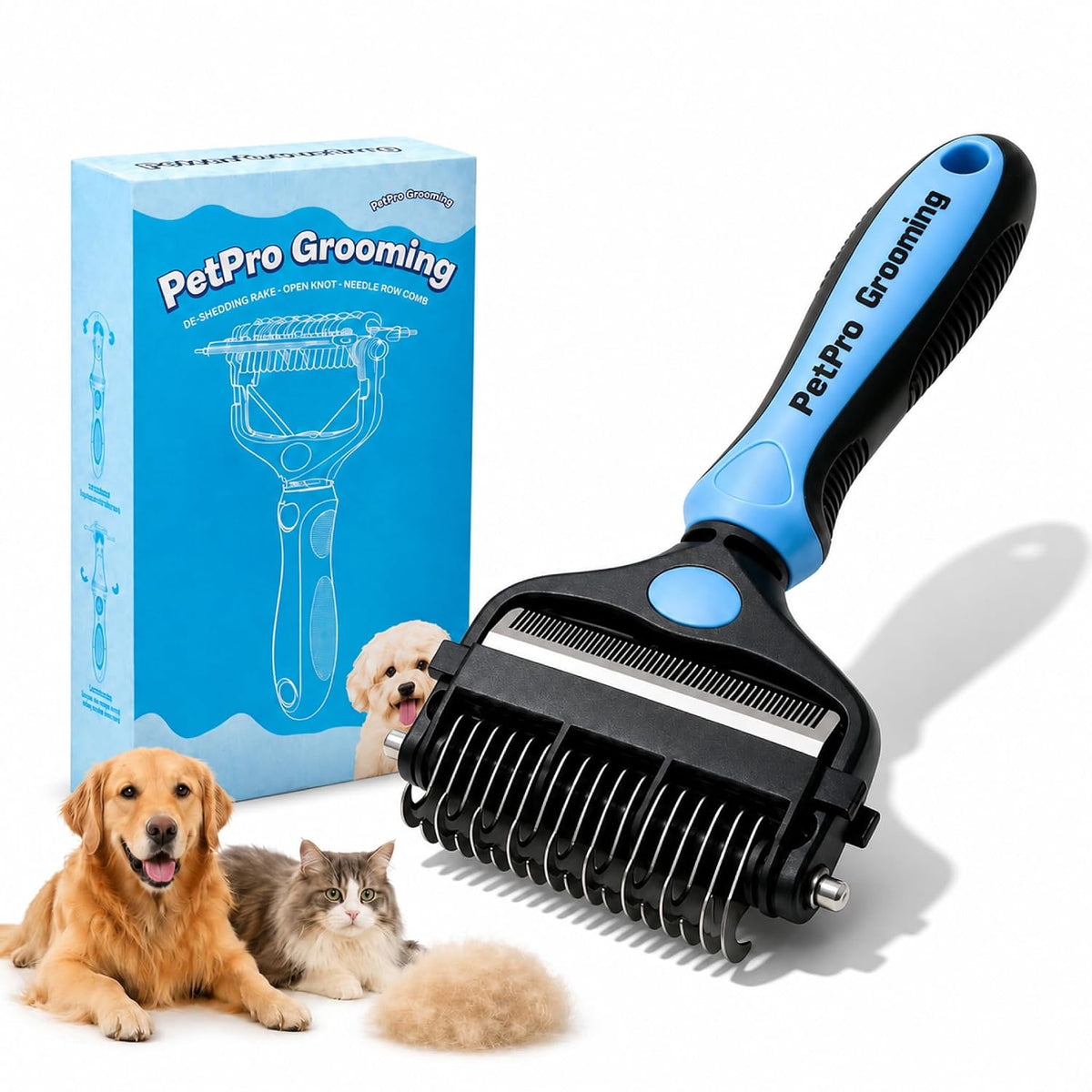 3-in-1 Grooming Brush: Skin-Safe Dematting Rake for Dogs & Cats