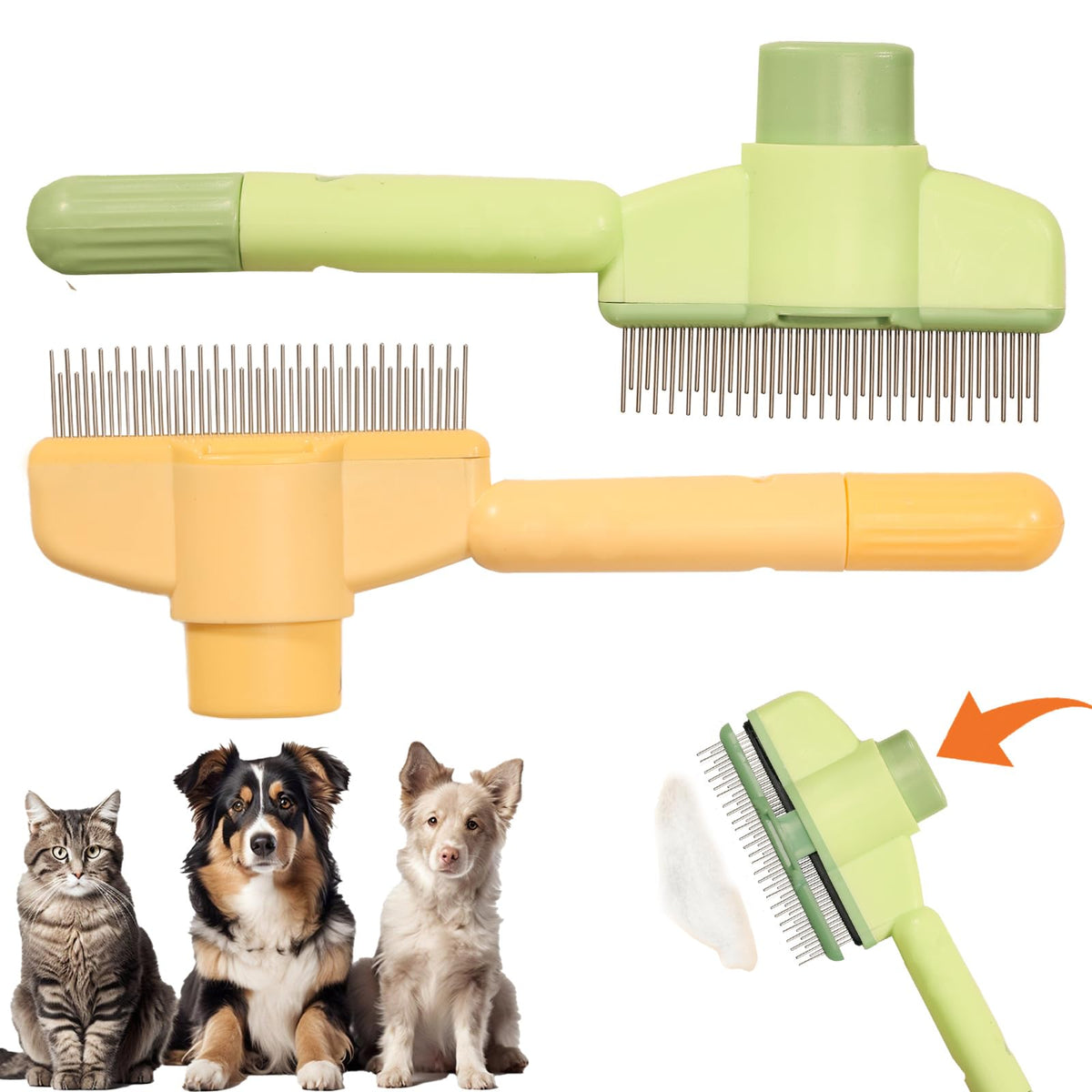 Dogs and Cats Comb with Release Button, Pet Hair Removal Tools with Safe Stainless Steel Teeth for Deshedding, Cat Grooming Supplies for Long/Short Hair, Cat Brush for Shedding, Green