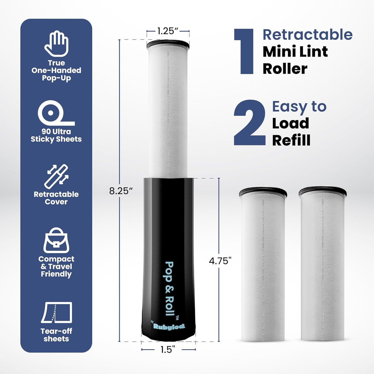 Retractable Mini Lint Roller for Pet Hair, 90 Sheets, 1 Pack + 2 Refills