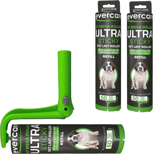 Evercare Ultra Sticky Pet Mega Lint Roller Value Pack, Manual Clothes & Furniture Cleaner with Handle and 2 Refills, 50 Sheets Each