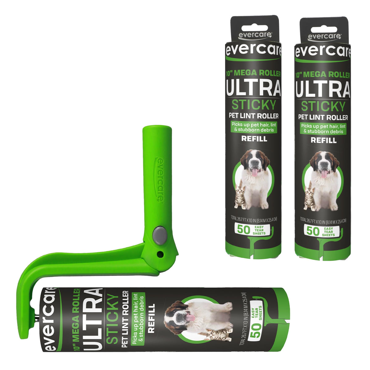 Evercare Ultra Sticky Pet Mega Lint Roller Value Pack, Manual Clothes & Furniture Cleaner with Handle and 2 Refills, 50 Sheets Each