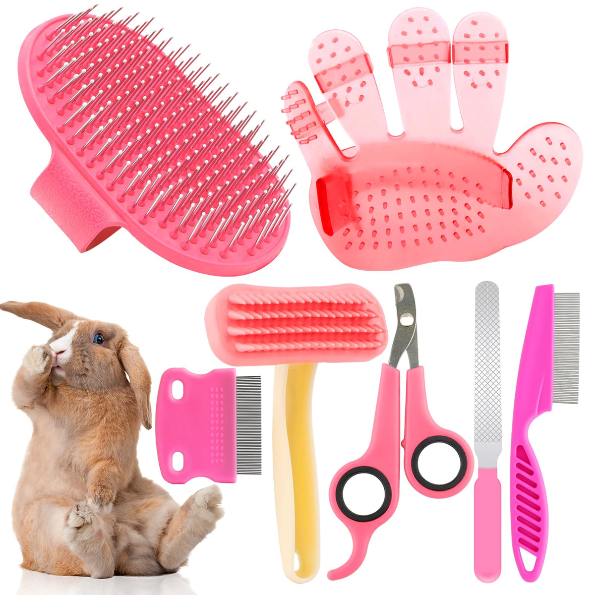 Rabbit Grooming Kit, Rabbit Brush for Shedding with Bunny Nail Clipper, Rabbit Nail Trimmers with Pet Combs for Hamster Guinea Pig Ferret by KALAMANDA