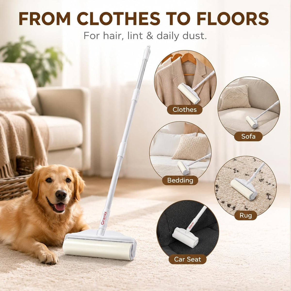 Large Lint Roller for Pet Hair, Long Handle, 6 Rolls, 600 Sheets