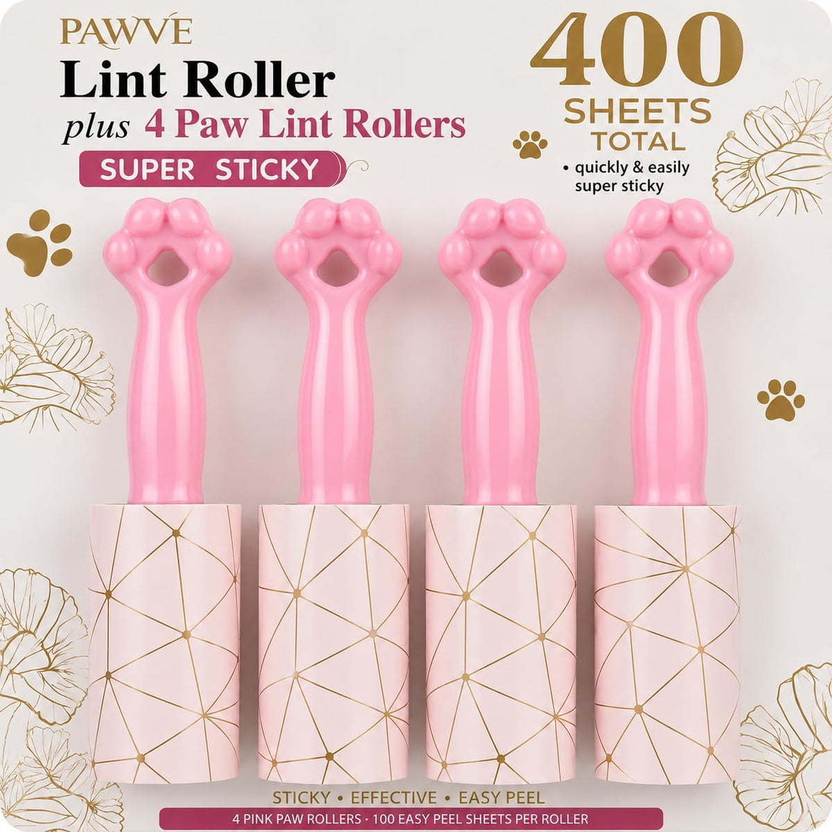 400 Sheets Extra Sticky Lint Rollers with 4 Paw Handles for Pet Hair, Easy Spiral Tear Lint Roller for Clothes, Multipurpose Lint Remover