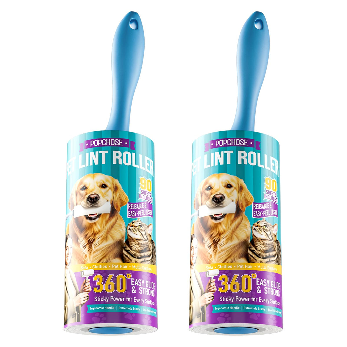 POPCHOSE Lint Roller for Pet Hair Extra Sticky, 540 Sheets with 2 Handles