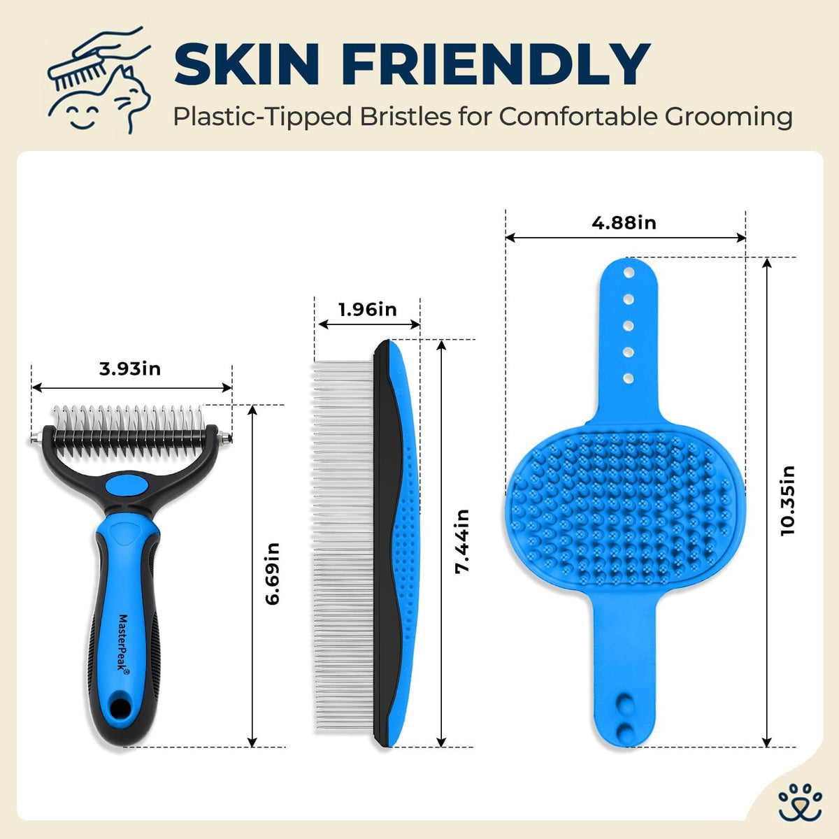 3-in-1 Pet Grooming Kit Rake Metal Comb & Bath Brush Blue