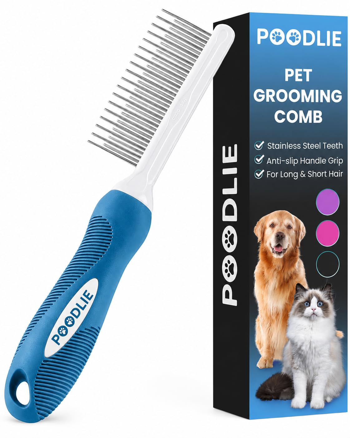 Poodle Dematting Fur Rake Comb Brush for Dogs and Cats - Long 2.5" Steel Safety Blades Metal Comb for Detangling Matted or Knotted Undercoat Hair