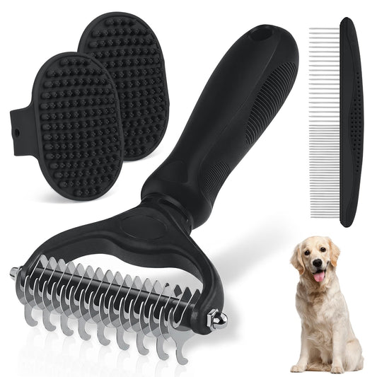 Pet Grooming Rake for Dogs and Cats - Double-Sided Deshedding Dematting Tool, 4-in-1 Undercoat Rake & Metal Comb for Long and Short Haired Pets, Reduces Shedding by 95%, 4Pack