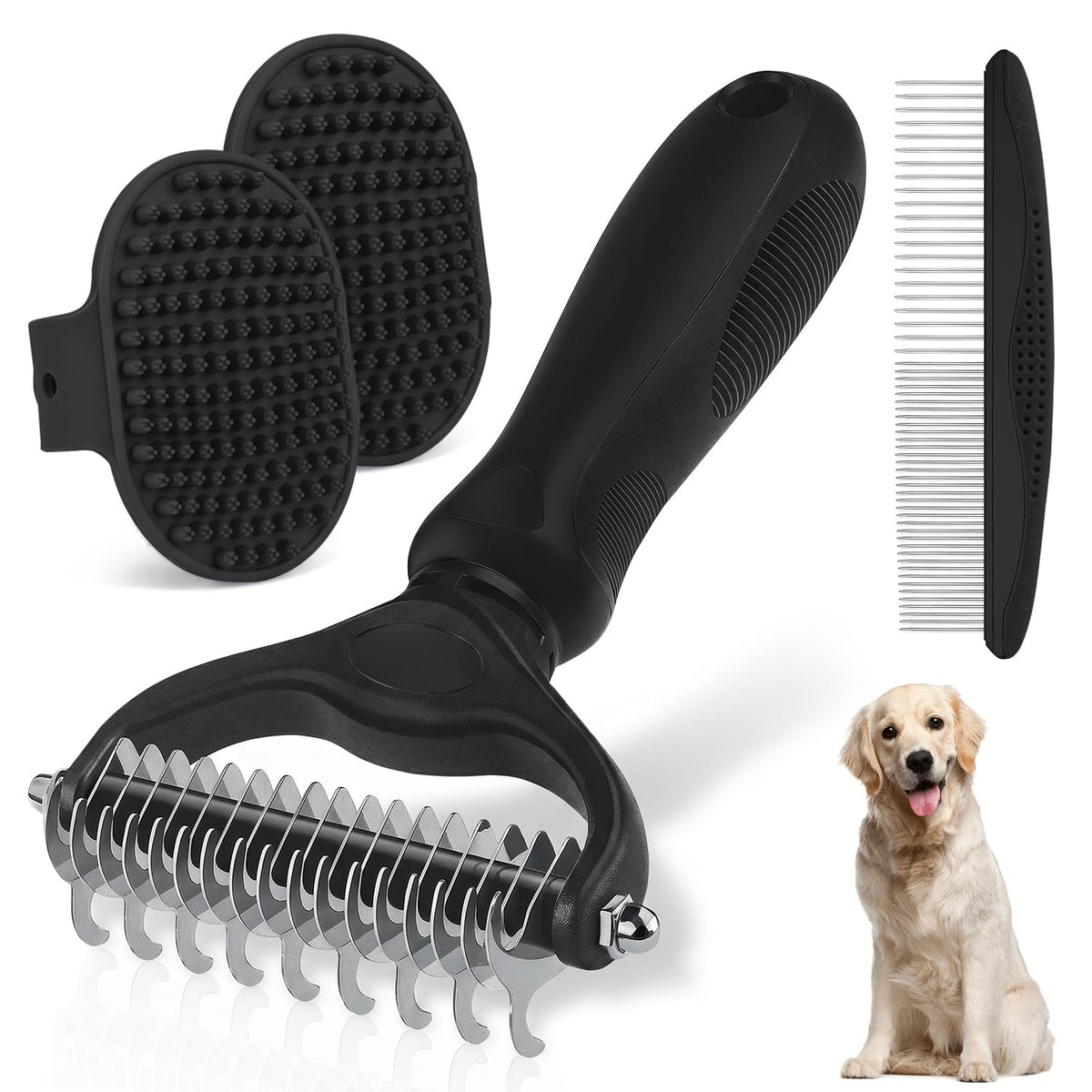 Pet Grooming Rake for Dogs and Cats - Double-Sided Deshedding Dematting Tool, 4-in-1 Undercoat Rake & Metal Comb for Long and Short Haired Pets, Reduces Shedding by 95%, 4Pack
