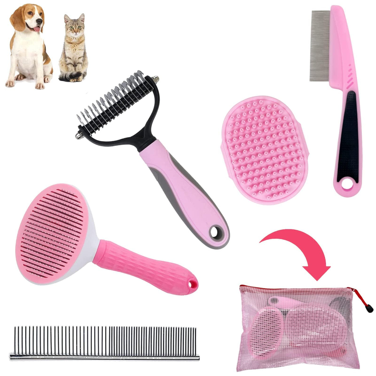 Dog Brush Grooming Kit 5PCS - Dog Brush for Shedding,Puppy Brush and Flea Comb for Dogs, Slicker Brush Comb and Dog Hair Brush Set Blue, Grooming at Home or Travel