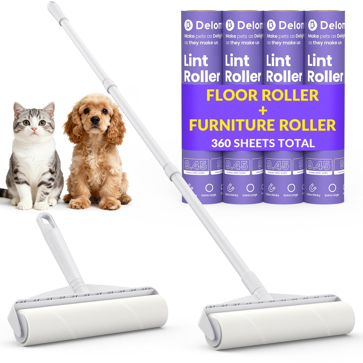DELOMO Lint Roller for Pet Hair Extra Sticky, Mega Value Set of 600 Sheets