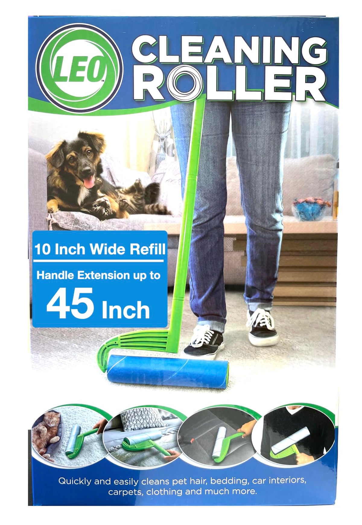Leo 10-Inch Wide Lint Roller with Extendable Handle, Includes 1 Refill (25 Sheets), Extra Sticky for Pet Hair, Carpet & Floor Cleaning (1 Mega Roller)