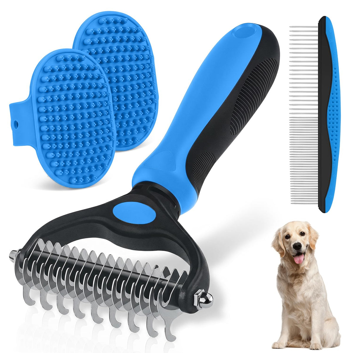 Pet Grooming Rake for Dogs and Cats - Double-Sided Deshedding Dematting Tool, 4-in-1 Undercoat Rake & Metal Comb for Long and Short Haired Pets, Reduces Shedding by 95%, 4Pack