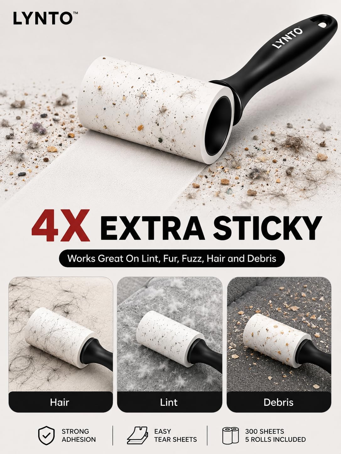 Extra-Sticky Lint Rollers for Pet Hair, 5 Rolls, 300 Sheets