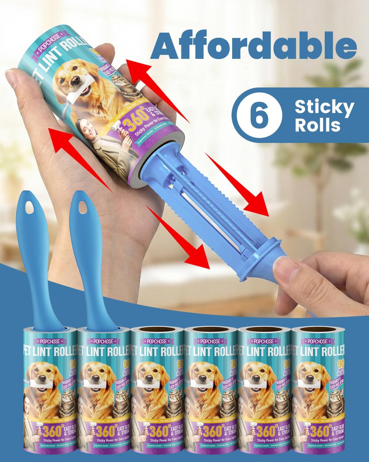 POPCHOSE Lint Roller for Pet Hair Extra Sticky, 540 Sheets with 2 Handles