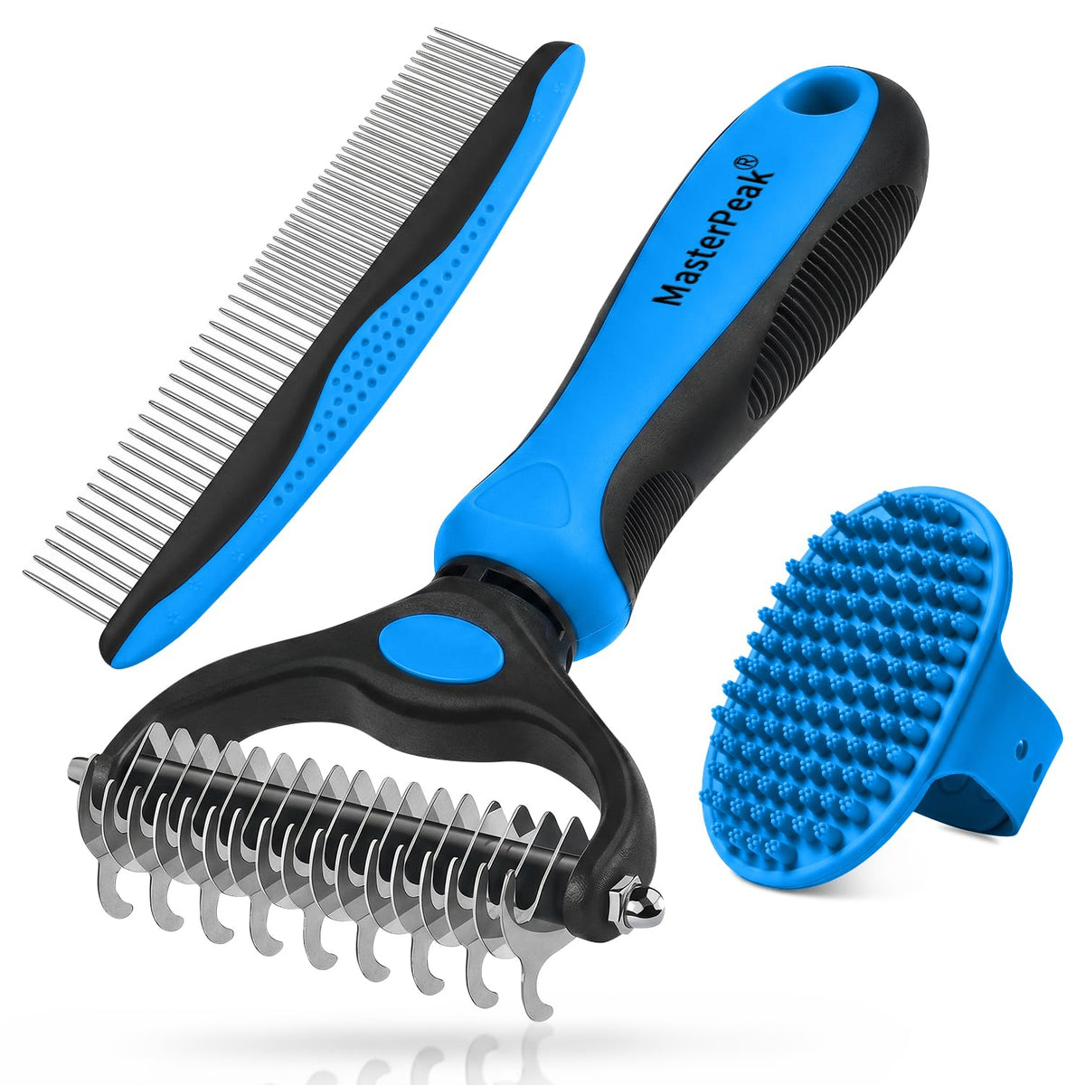 3-in-1 Pet Grooming Kit Rake Metal Comb & Bath Brush Blue