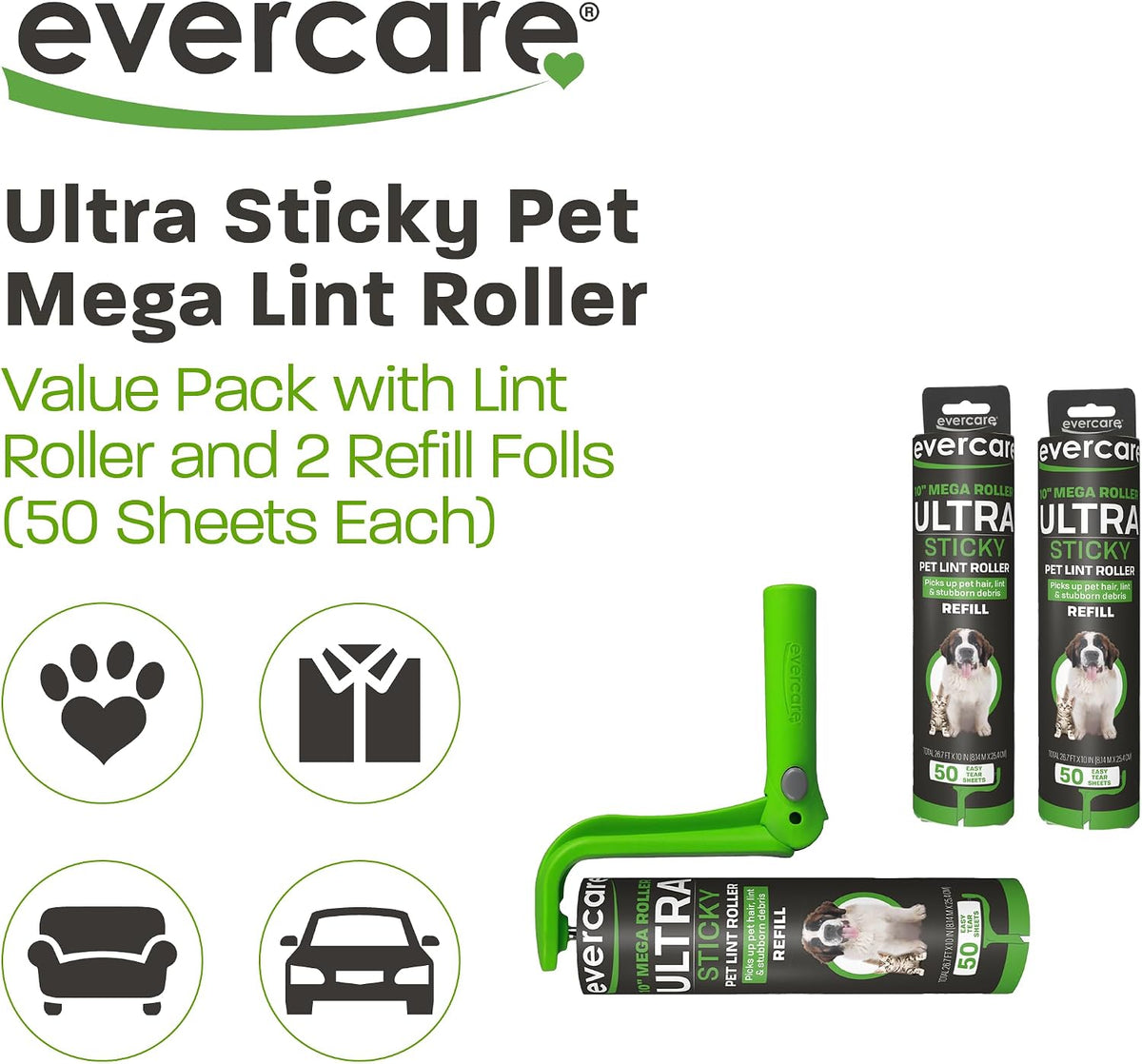 Evercare Ultra Sticky Pet Mega Lint Roller Value Pack, Manual Clothes & Furniture Cleaner with Handle and 2 Refills, 50 Sheets Each