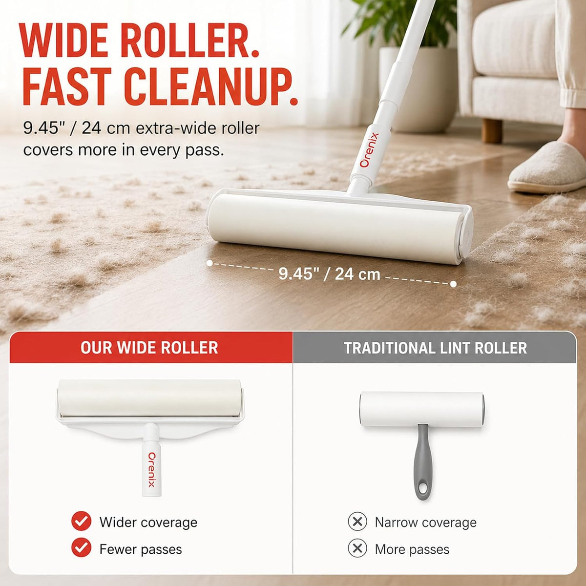 Large Lint Roller for Pet Hair, Long Handle, 6 Rolls, 600 Sheets