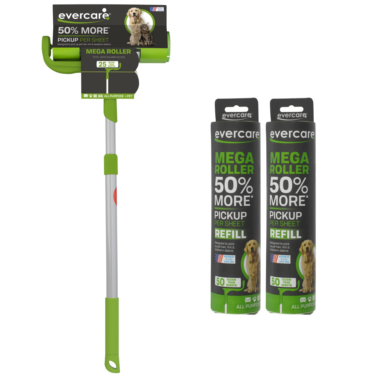 Evercare Ultra Sticky Pet Mega Lint Roller Value Pack, Manual Clothes & Furniture Cleaner with Handle and 2 Refills, 50 Sheets Each