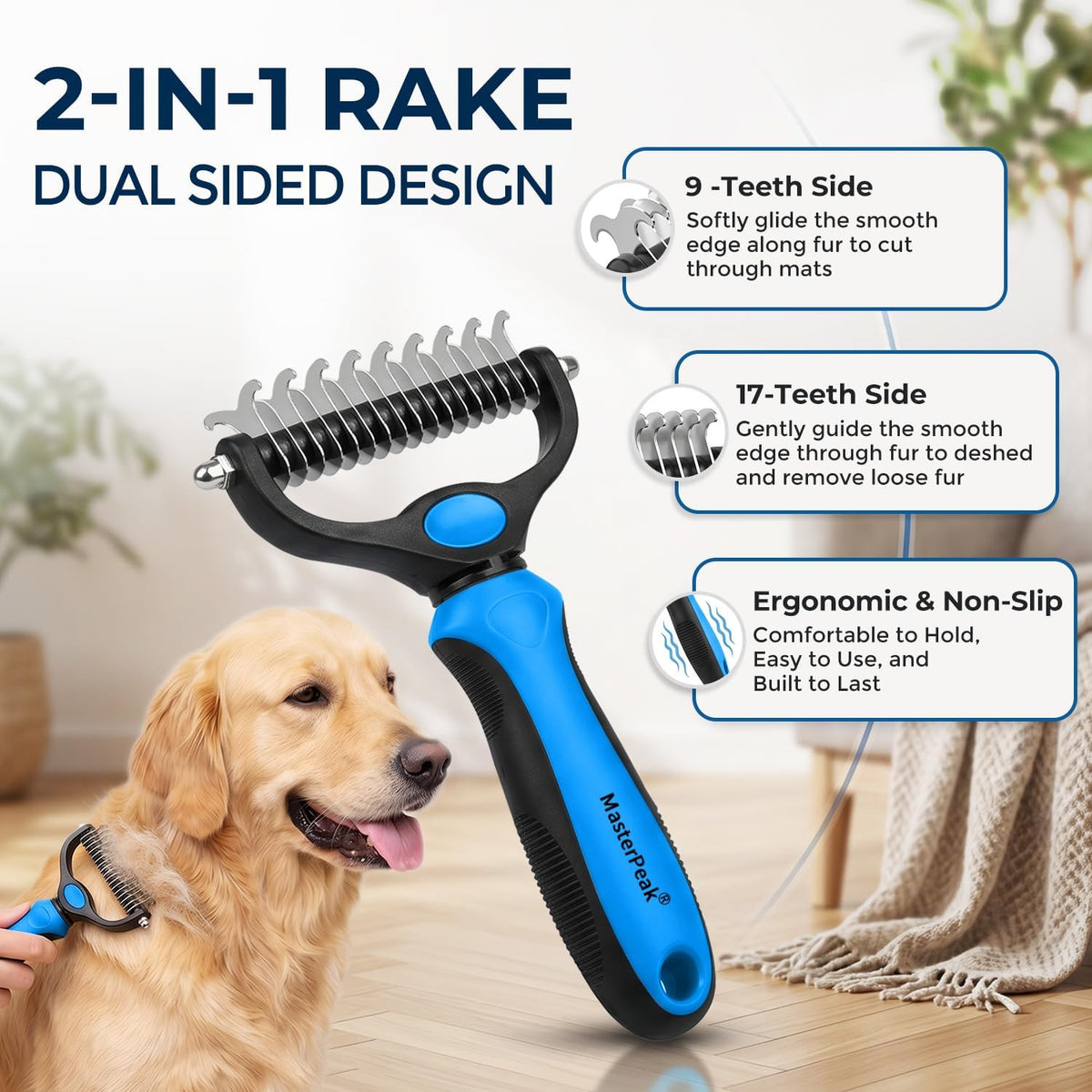 3-in-1 Pet Grooming Kit Rake Metal Comb & Bath Brush Blue