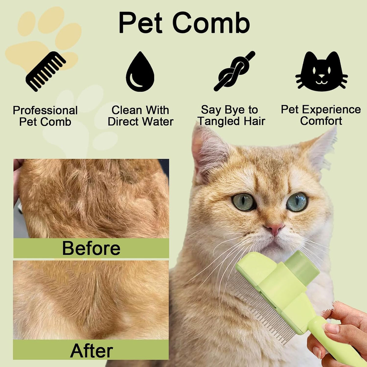 Dogs and Cats Comb with Release Button, Pet Hair Removal Tools with Safe Stainless Steel Teeth for Deshedding, Cat Grooming Supplies for Long/Short Hair, Cat Brush for Shedding, Green