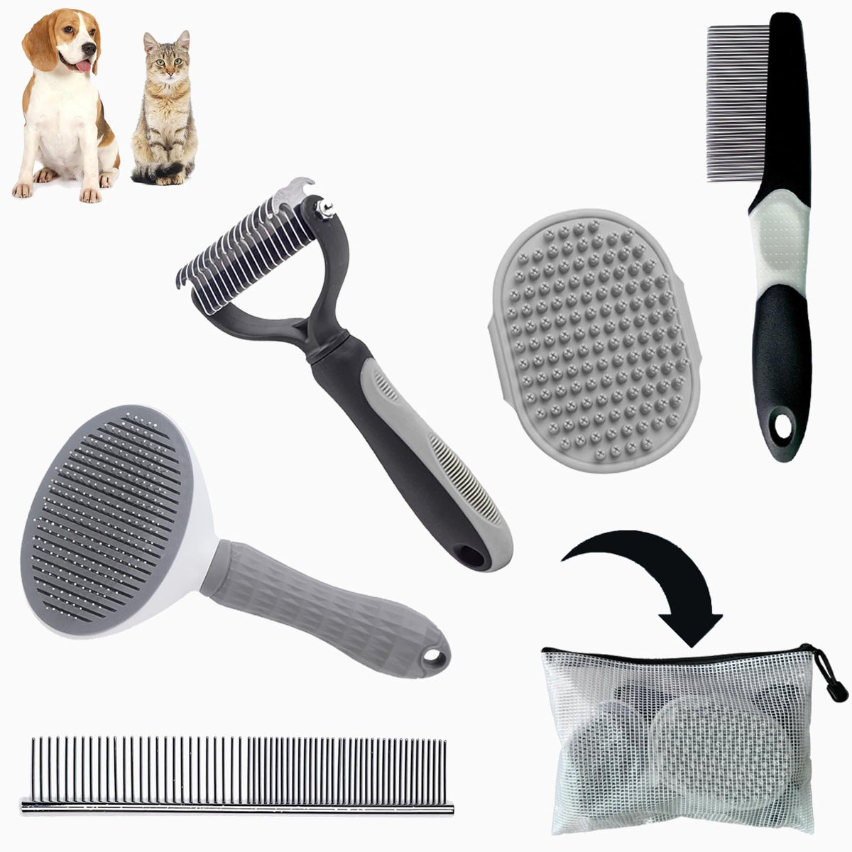 Dog Brush Grooming Kit 5PCS - Dog Brush for Shedding,Puppy Brush and Flea Comb for Dogs, Slicker Brush Comb and Dog Hair Brush Set Blue, Grooming at Home or Travel
