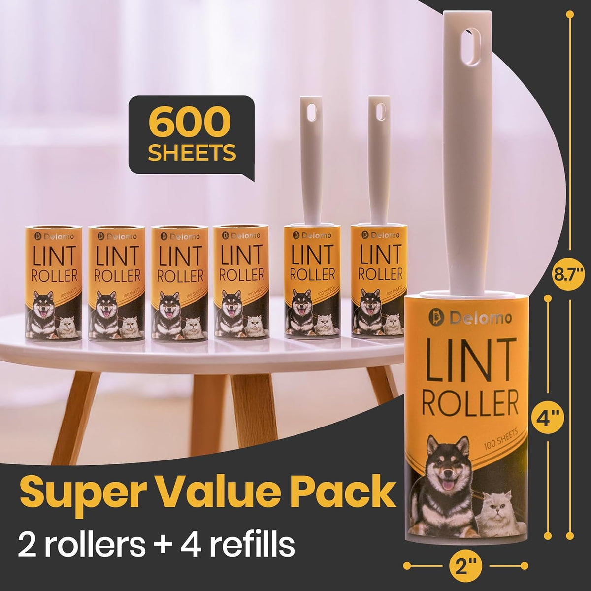 DELOMO Lint Roller for Pet Hair Extra Sticky, Mega Value Set of 600 Sheets
