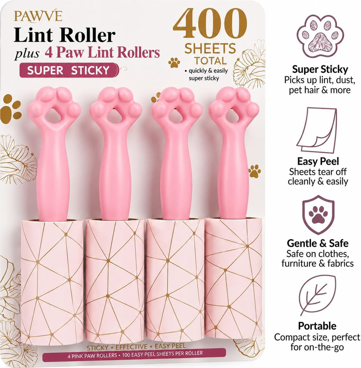 400 Sheets Extra Sticky Lint Rollers with 4 Paw Handles for Pet Hair, Easy Spiral Tear Lint Roller for Clothes, Multipurpose Lint Remover