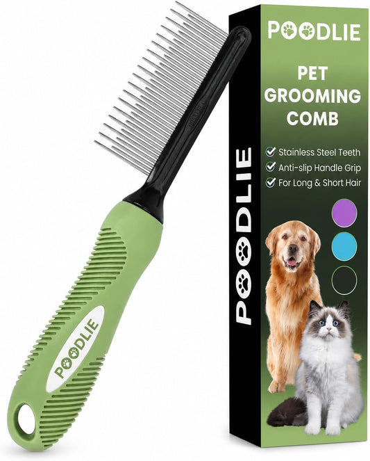Poodle Grooming Comb - Metal Dematting Comb with Long & Short Stainless Steel Teeth for Removing Matted Hair & Knots, Safe and Gentle for Dogs & Cats (Green)