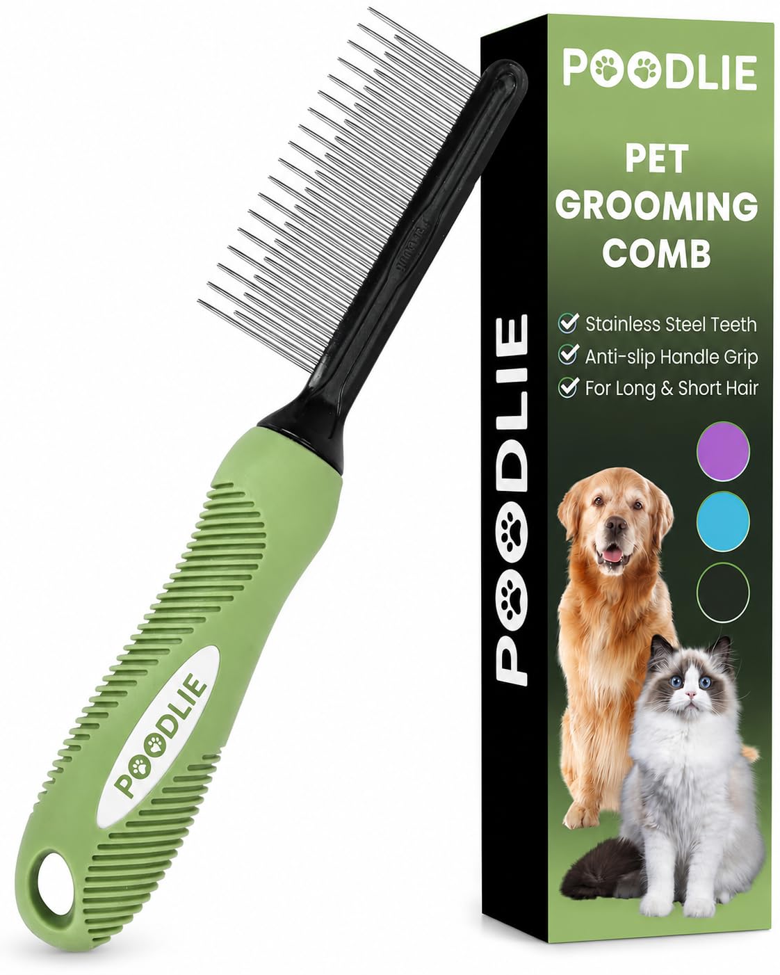 Poodle Dematting Fur Rake Comb Brush for Dogs and Cats - Long 2.5" Steel Safety Blades Metal Comb for Detangling Matted or Knotted Undercoat Hair