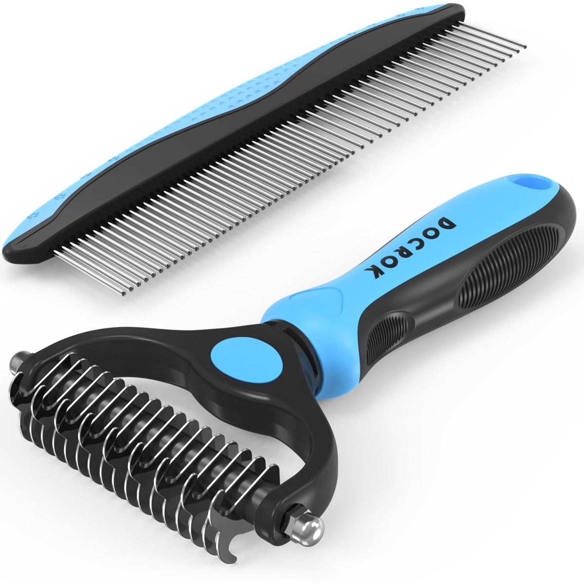 Docrok Pet Grooming Brush and Metal Comb Combo - Undercoat Rake for Dematting and Deshedding Long Matted Haired Dogs and Cats, Purple