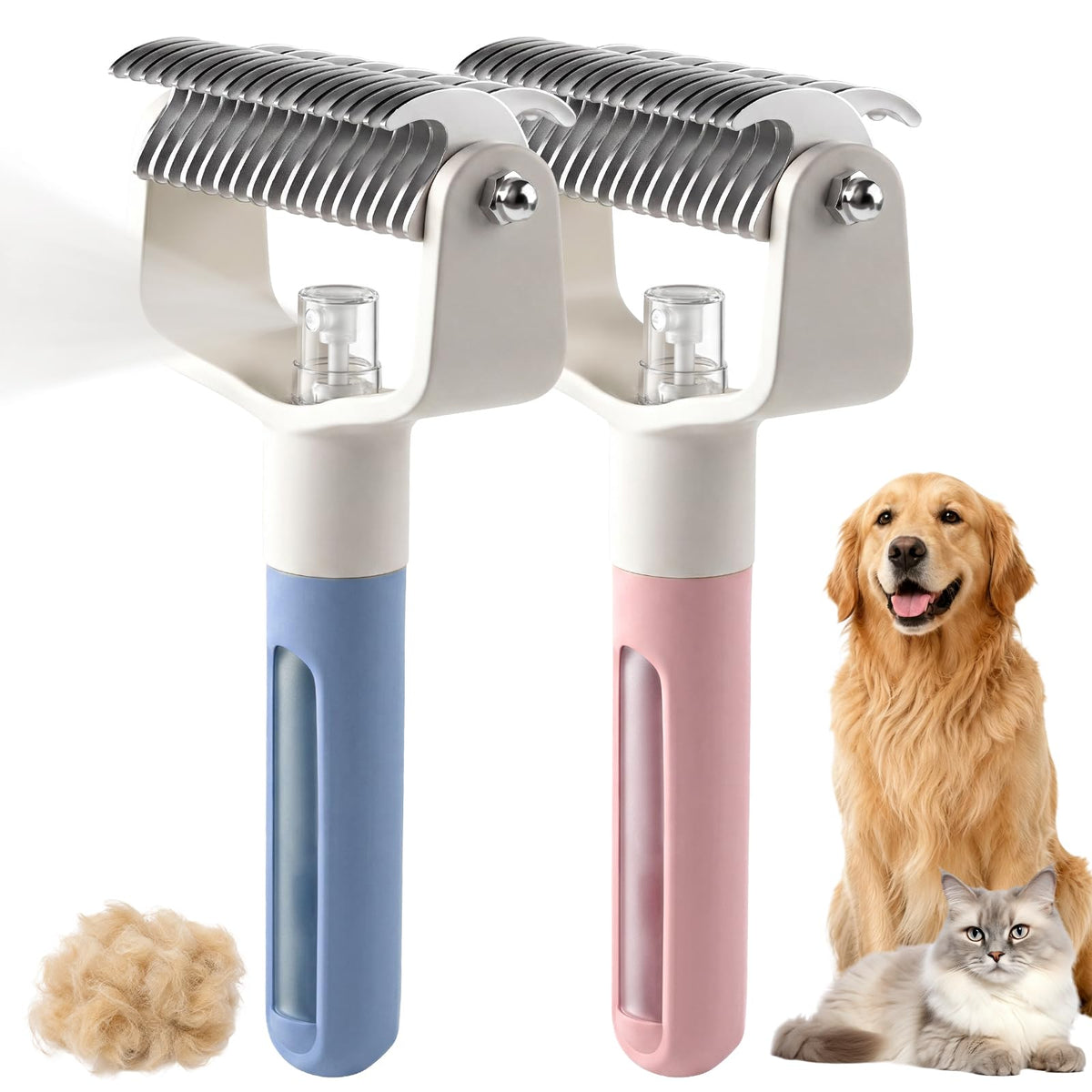Dual-Sided Pet Grooming Comb,Double Sided Dematting Comb for Dogs & Cats, 2‑in‑1 Professional Pet Grooming Brush Deshedding Dog Brush with Spray Design (1PCS, Pink)