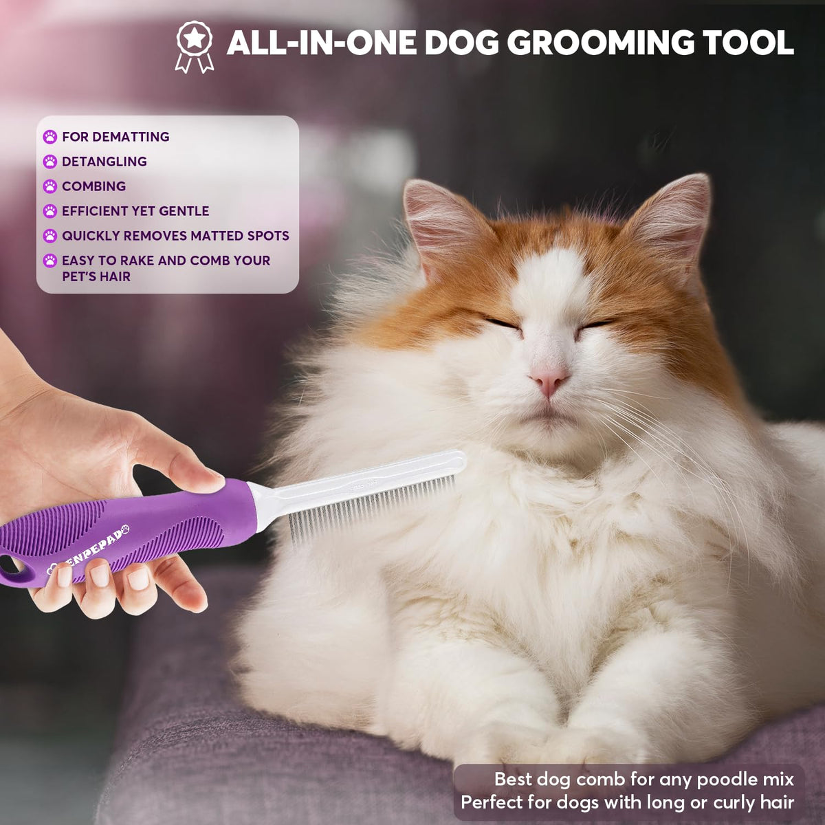 GENPEPADO Grooming Comb for Dogs and Cats with Matted Hair, Detangling Pet Comb with Long and Short Stainless Steel Metal Fine Teeth for Removing Mats, Tangles, Knots & Loose Fur from The Undercoat