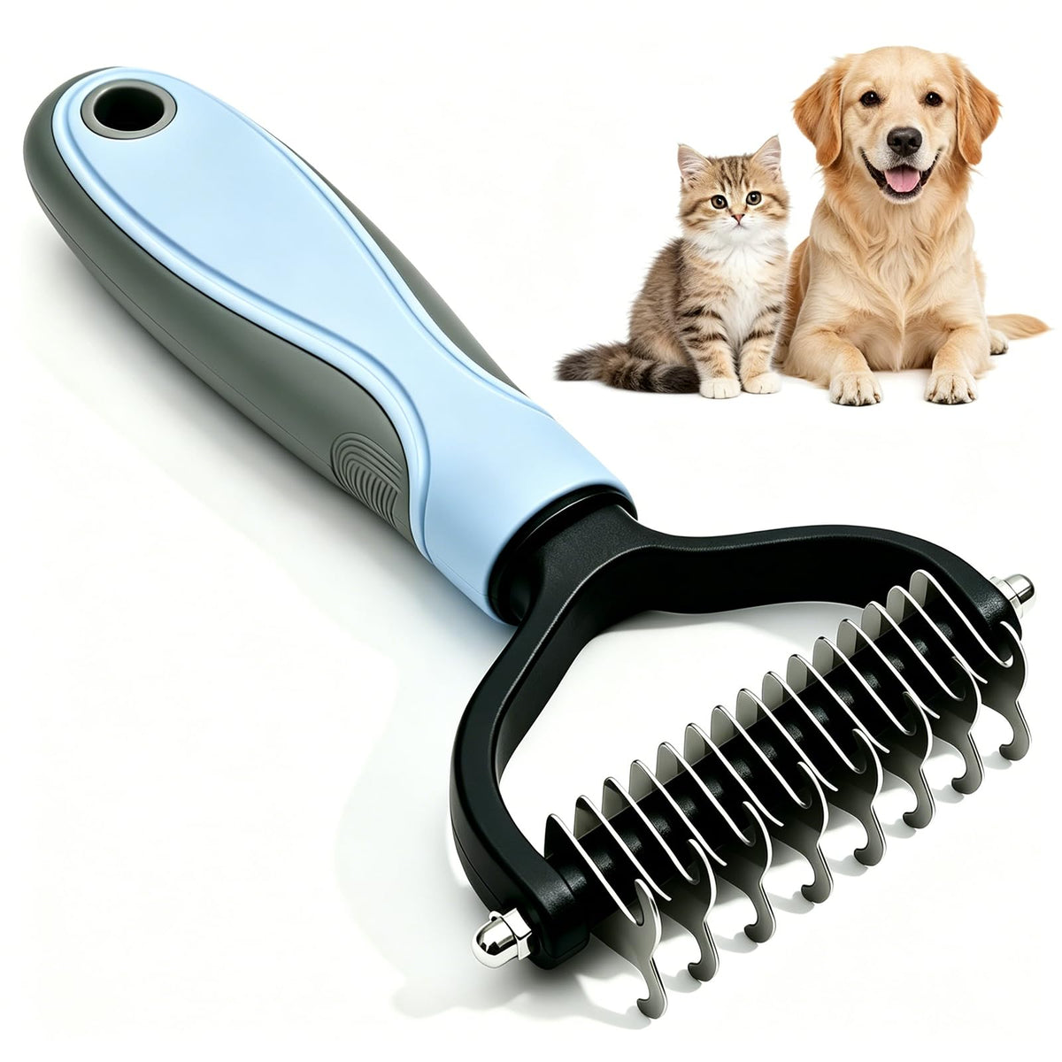 2 in 1 Double Sided Dematting Comb for Cats & Dogs, Deshedding Dog Brush, Pet Shedding Remover Rounded-Tooth Tool For Painlessly Removing Knots And Loose Hair (Blue 2)