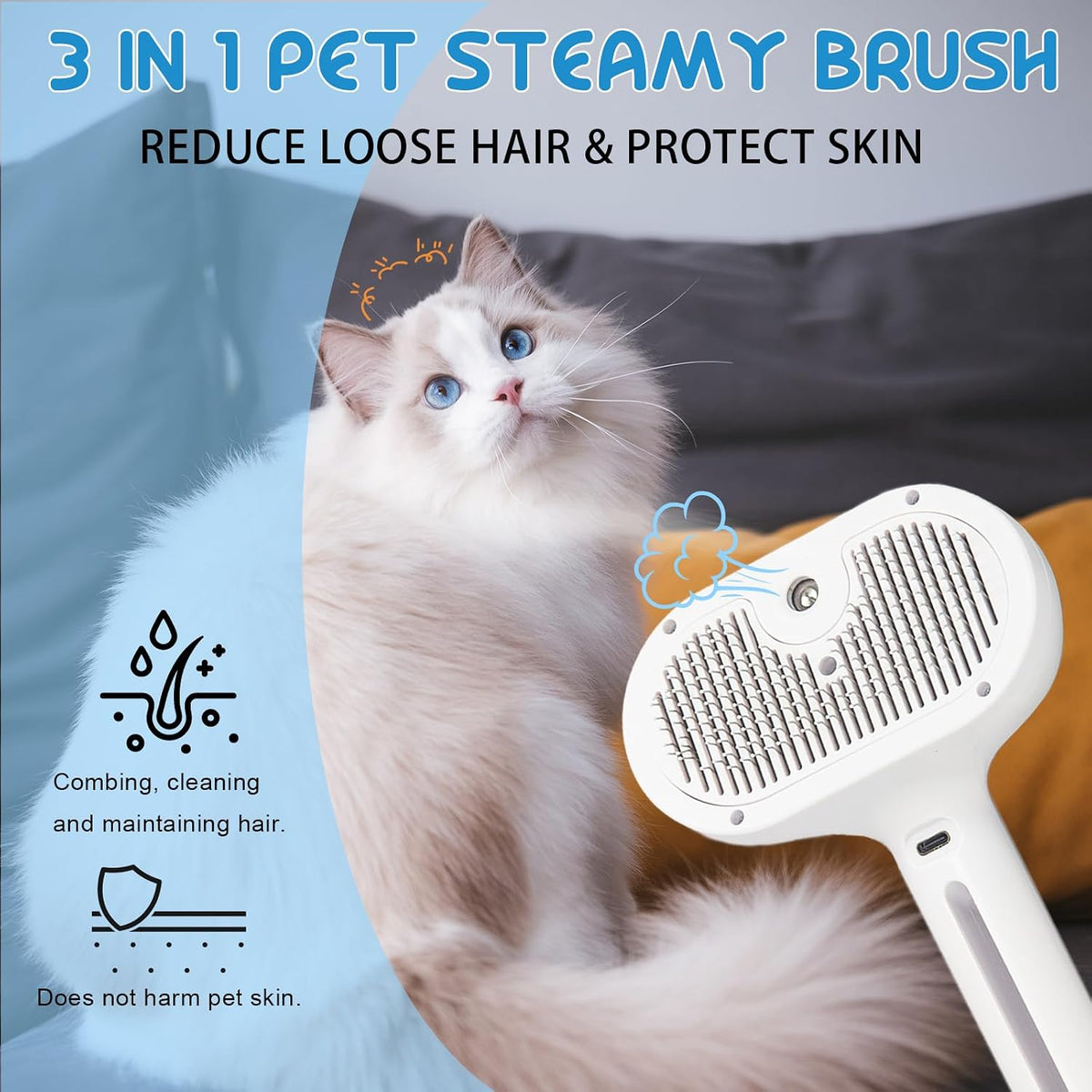 Pet Steam Brush for Cats & Dogs, Cool Mist Self-Cleaning Comb, White