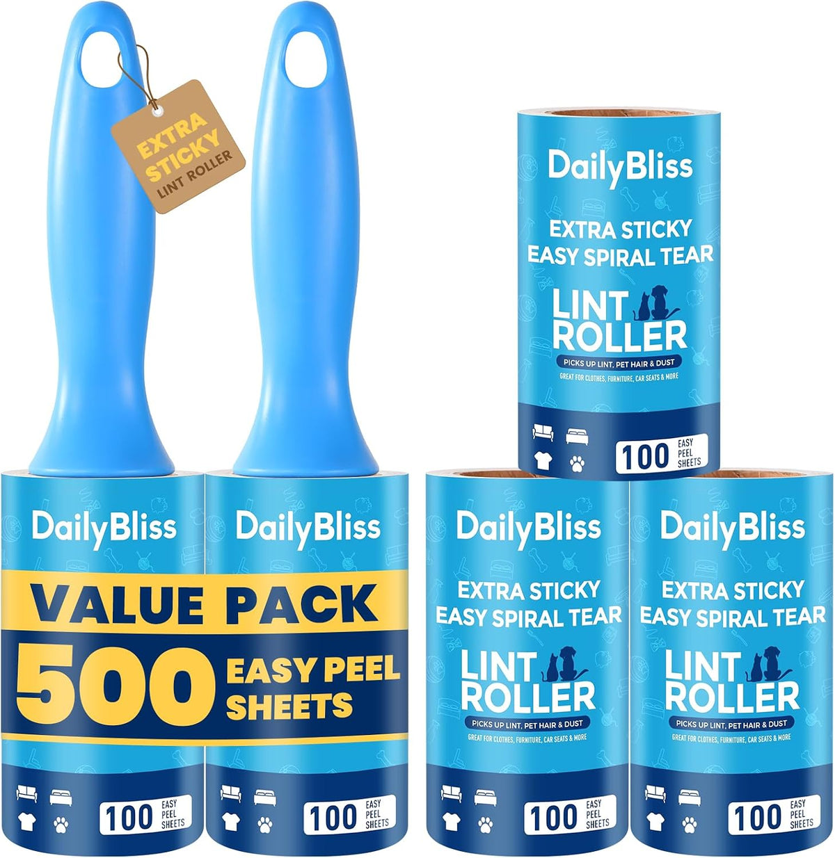 Extra Sticky Lint Roller for Pet Hair, 500 Sheets with 2 Handles