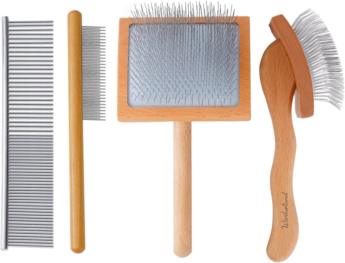 Slicker Brush for Long Haired Dogs, Wooden Ergonomic Handle