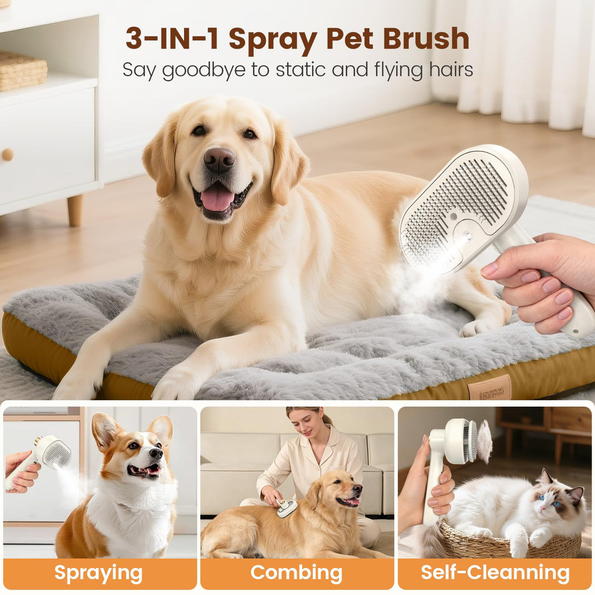 Glendan Pet Steam Brush for Dogs & Cats, 3-in-1 Self Cleaning Shedding