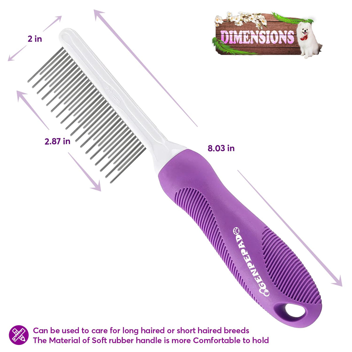 GENPEPADO Grooming Comb for Dogs and Cats with Matted Hair, Detangling Pet Comb with Long and Short Stainless Steel Metal Fine Teeth for Removing Mats, Tangles, Knots & Loose Fur from The Undercoat
