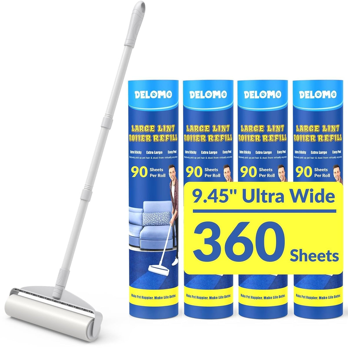 DELOMO 9.45” Large Lint Roller for Pet Hair, Long Handle for Floor & Carpet