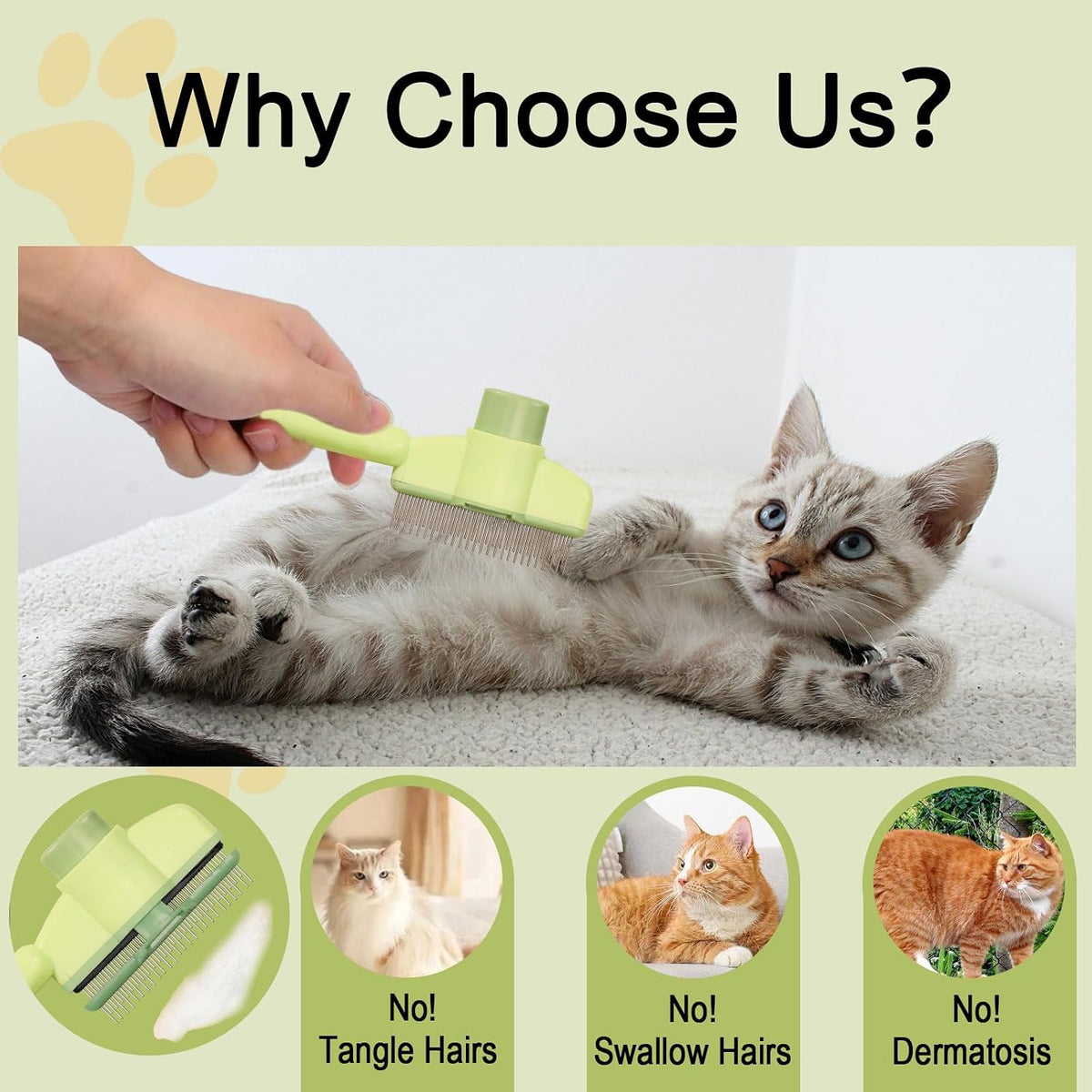 Dogs and Cats Comb with Release Button, Pet Hair Removal Tools with Safe Stainless Steel Teeth for Deshedding, Cat Grooming Supplies for Long/Short Hair, Cat Brush for Shedding, Green