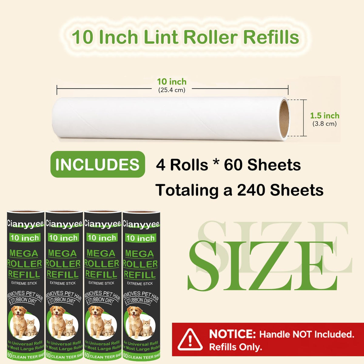 10 Inch Lint Roller Refills, 4 Rolls 240 Sheets for Pet Hair Extra Sticky