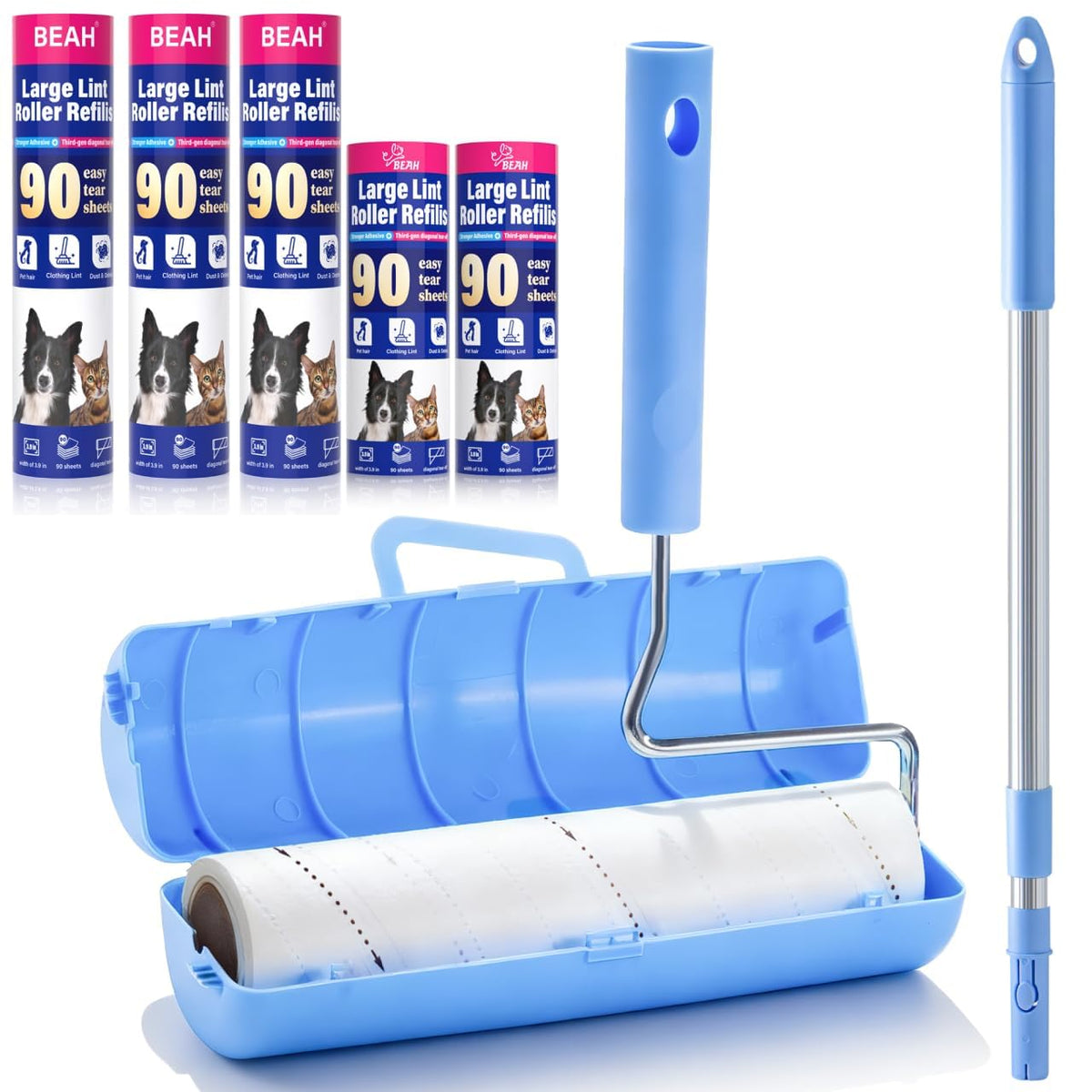 BEAH Large Lint Roller for Pet Hair Extra Sticky,9.45''Pet Hair Removal Tool Roller for Pet Dog Cat Hair (1 Roller+4 Long Rolls 1 Short roll)