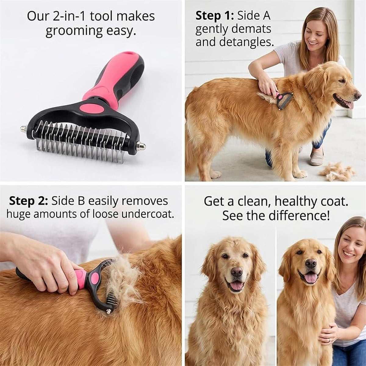 Pet Pro Grooming Tool, 2-in-1 Deshedding Dog Brush with 9/21 Teeth Undercoat Rake for Dogs & Cats, Dual-Sided Stainless Steel Pet Comb for Long Hair & Thick Coats